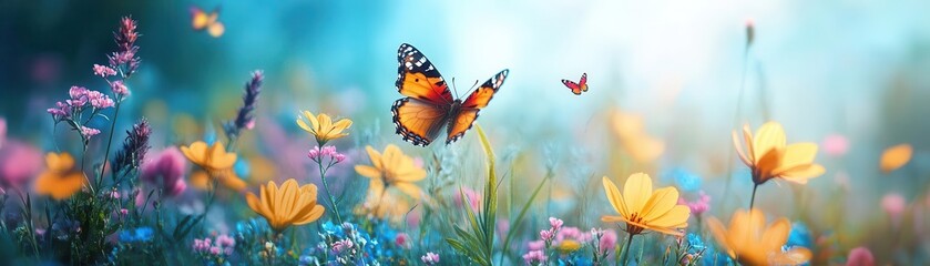 Obraz premium Wildflower meadow with vibrant blooms, butterflies fluttering, and a soft breeze, Serene, Bright, Detailed