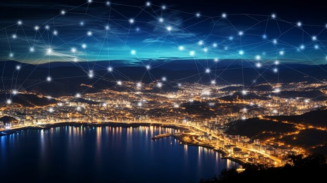 Urban skyline night cityscape with futuristic holographic network display enhancing the view