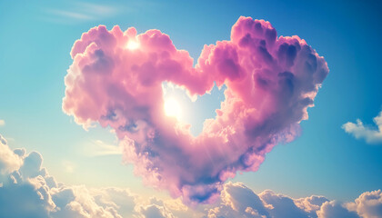 Heart shaped clouds - sky background pattern. Sunset or sunrise poster. Decorative horizontal banner. Digital artwork raster bitmap illustration. AI artwork. 