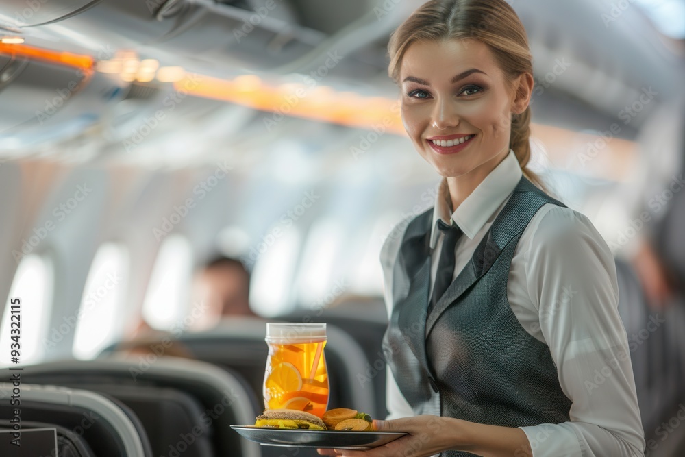 Poster a flight attendant smiles while offering a tray of drinks and snacks to travelers on a plane filled 