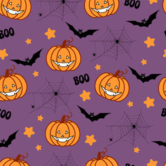 Festive Halloween pattern with bright design. Funny pumpkins, bats, cobwebs, inscription boo. On a purple background