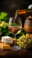 Obraz premium Close up of wine being poured into a glass with cheese and grapes