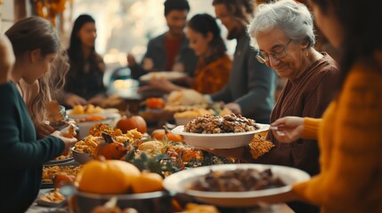Community members gather for a joyful Thanksgiving potluck celebration with diverse dishes and warm connections among friends and neighbors