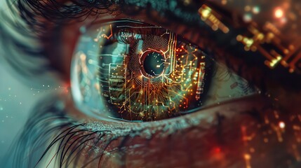 A close-up of a human eye with a digital interface overlay. The eye is surrounded by eyelashes and a dark background, with a glowing digital network pattern reflected in the pupil.