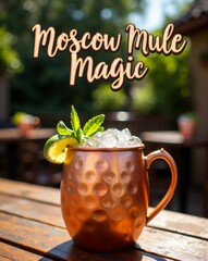 A chilled Moscow Mule garnished with mint and a lime slice, served in a classic copper mug, placed on a wooden table in a sunlit outdoor setting.
