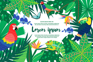 Illustration of a botanical background featuring tropical animals and various tropical leaves and flowers, with a text placeholder. Ideal for social media posts, mobile apps, banner design, and web