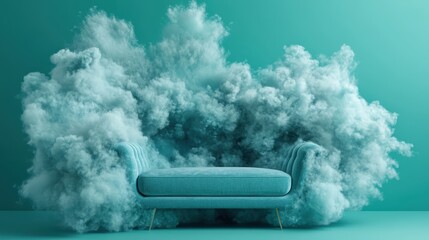 A blue couch surrounded by cloudlike smoke, creating an abstract and surreal scene, blending home furniture with imaginative, dreamlike elements.