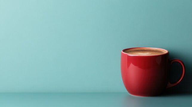A red coffee mug filled with coffee, standing out against a solid teal background, exuding simple elegance and perfect for morning inspirations related to coffee and lifestyle themes.
