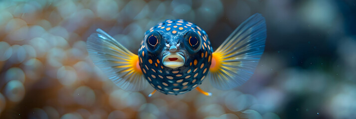 Fototapeta premium Amazon Black-spotted Pufferfish face, showcasing its unique texture and fins with a soft focus background