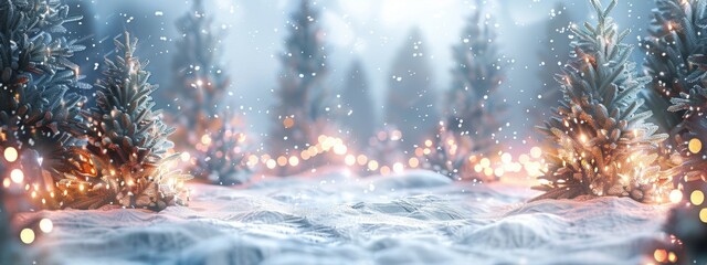 Frosty winter background with snow-covered fir trees and glowing garland Christmas or New Year concept, banner design space for text Generative AI