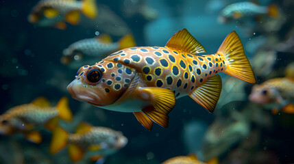 Amazon Black-spotted Pufferfish swimming in clear waters, its distinctive shape and spots visible