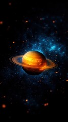 A stunning depiction of a distant orange saturn planet surrounded by a vibrant cosmic backdrop, showcasing celestial beauty and mystery.