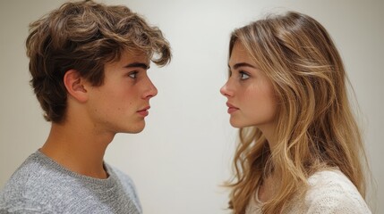 Young Couple Engaged in a Tense Argument Facing Each Other Against White Background - Studio Stock Photo with Controlled Lighting

