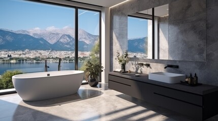 Fototapeta premium Bright bathroom with bathtub, washbasin, and panoramic window, top view of elegant interior design