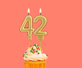 Birthday number 42 - Golden candle with cupcake