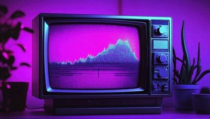 80s TV with static on the screen, a synthwave aesthetic, and a purple background 