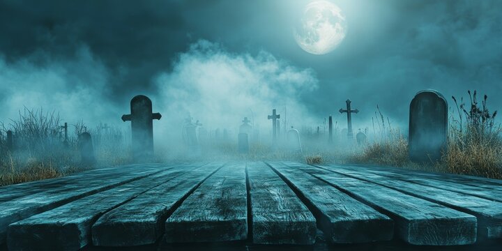 Empty wooden surface of planks on a foggy cemetery with a full moon rising over graves and dark trees on a cold night