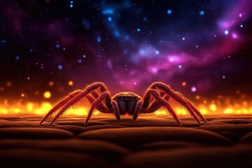 A surreal cosmic spider stands against a vibrant galaxy backdrop, blending the realms of fantasy and nature in a striking visual.