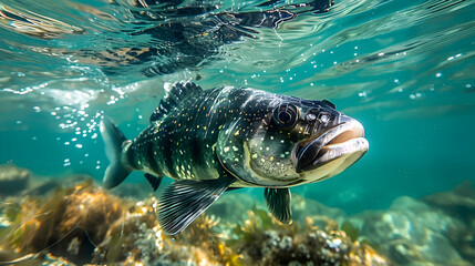 Fototapeta premium Amazon Black Armored Catfish swimming in clear waters, its unique body structure and armor visible