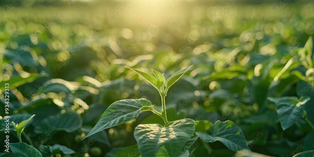 Poster Close up view of rows of green soybean plants in a fertile agriculture field during summer Young soybean plant illuminated by the sun Selective and soft focus