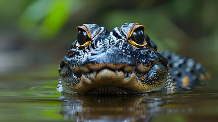 Fototapeta premium Amazon Black Caiman submerged in water, only its eyes and snout visible above the surface