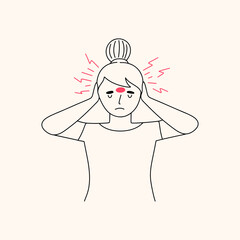  A young girl suffers from a migraine. Headache caused by tension pain, anemia, vasospasm in a woman