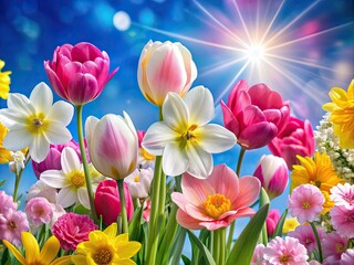 Vibrant blooming flowers in shades of pink, yellow, and white pop against a brilliant blue background, capturing the essence of a beautiful spring morning.