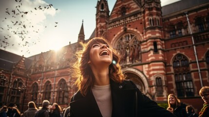 Fototapeta premium Happy european woman in graduation attire celebrating academic achievement and success