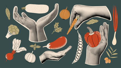 Set of retro collage elements with vegetables, peppers, onions, garlic, zucchini, olives. Halftone hands in vintage style.