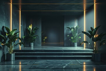 Modern minimalist interior with marble stairs and plants.