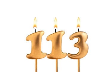 Birthday number 113 - Golden candle on white background