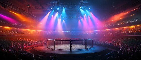 A stadium full of people watching a mixed martial arts fight. The lights are bright and colourful.