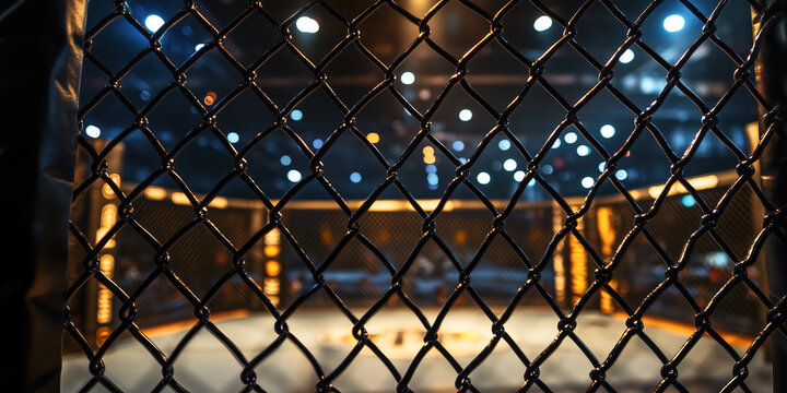 A fence surrounds an MMA or mixed martial arts octagon. It is night and the lights are on.