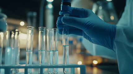 Research laboratory test tubes are held by a scientist's hand.