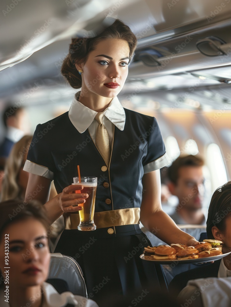 Poster a flight attendant gracefully serves drinks and snacks to passengers in the aircraft cabin while the