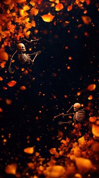 A whimsical scene of skeletons surrounded by vibrant orange leaves, evoking a playful Halloween atmosphere.