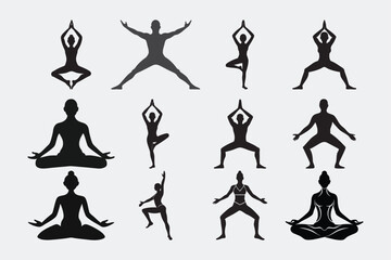 Vector Silhouette of Females Men in Various Yoga Poses