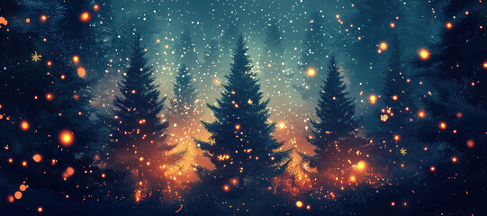 Naklejka premium Sparkling Christmas trees in a magical winter forest with glowing lights and falling snow at night