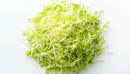 Pile of shredded fresh Chinese cabbage isolated on white, top view.
