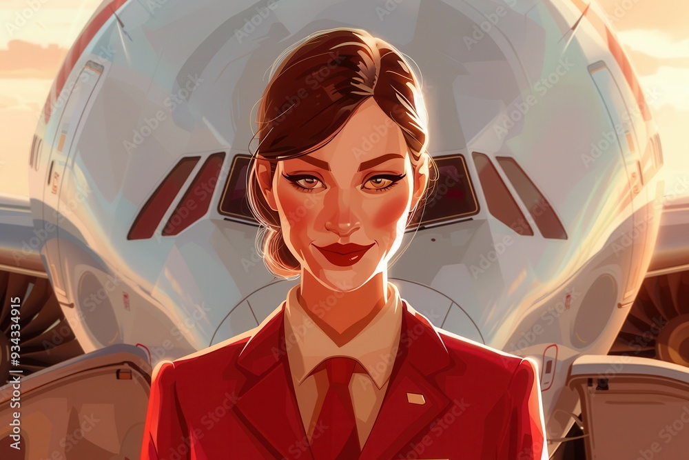 Poster a flight attendant in a red uniform smiles confidently as she stands in front of a large airplane, h