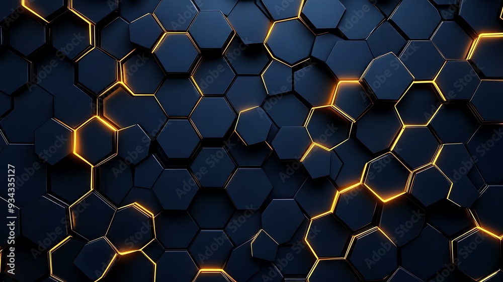 Wall mural Abstract dark blue hexagon pattern background with glowing edges.