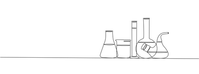 Drawing of one continuous line of laboratory flasks and test tubes. Single line style laboratory equipment. Concept of scientific and medical research . Vector editable illustration.