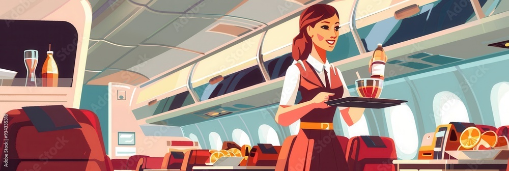 Aufkleber A flight attendant serves beverages to passengers while navigating the aisle of an airplane, ensuring a pleasant travel experience. Generative AI