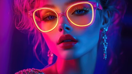 Obraz premium Elegant 80s Woman in Fancy Dress with Neon Accessories, Showcasing the Diversity and Luxury of 1980s Female Fashion