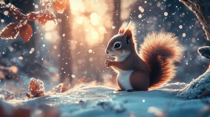 Enchanting Anime Winter Forest: Adorable Squirrel in Snowy Wonderland