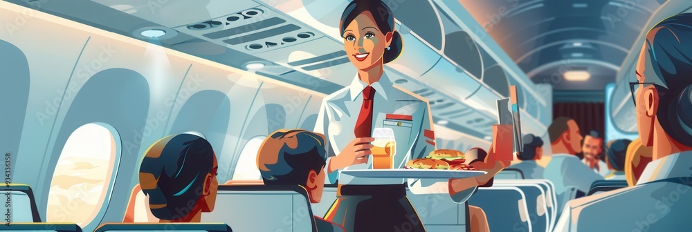 Poster a flight attendant provides snacks and drinks to passengers seated in an airplane cabin, creating a 