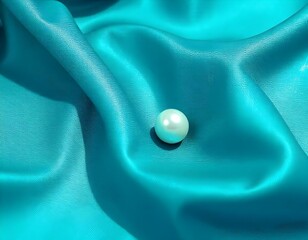 single white pearl placed delicately on crinkled teal silk fabric, with shadows highlighting the texture of the fabric around the pearl create with ai