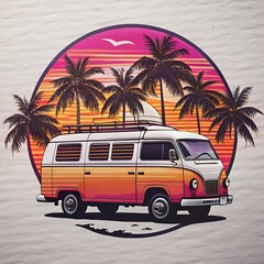 Retro Sunset with Classic Muscle Car and Palm Trees Illustration