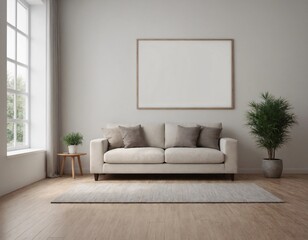 High-resolution interior image of the room with empty photo frame mockup on the front wall, a two-seater sofa on the wooden flooring interior design.