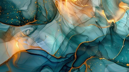 Natural luxury abstract fluid art painting in alcohol ink technique. Tender and dreamy wallpaper. Mixture of colors creating transparent waves and golden swirls. For posters, other printed, ai